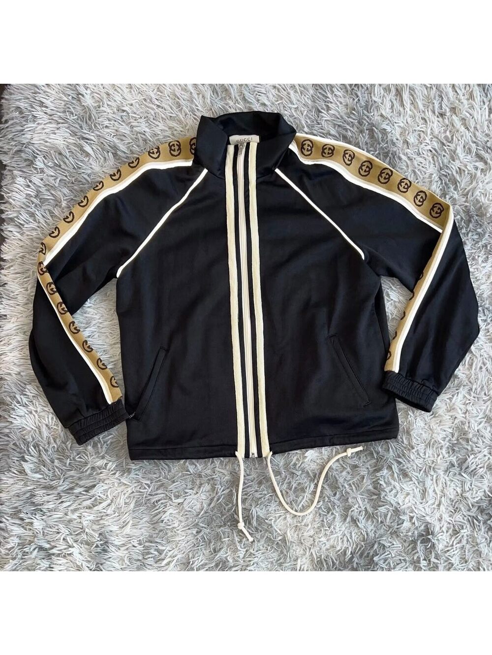 Gucci Black Track Jacket and Pants Set with Beige Logo Strip